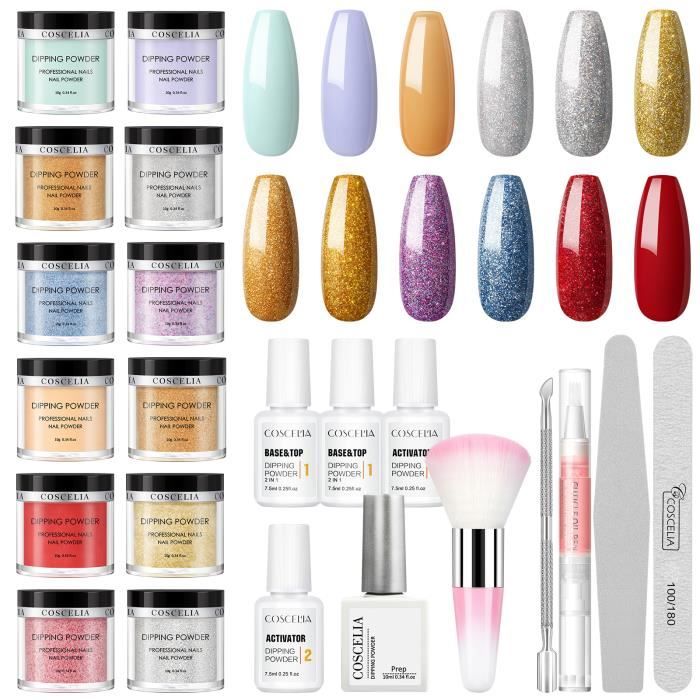 COSCELIA Dip Powder Kit Poudre Ongles Dipping Poudre 12PCS*10g Système