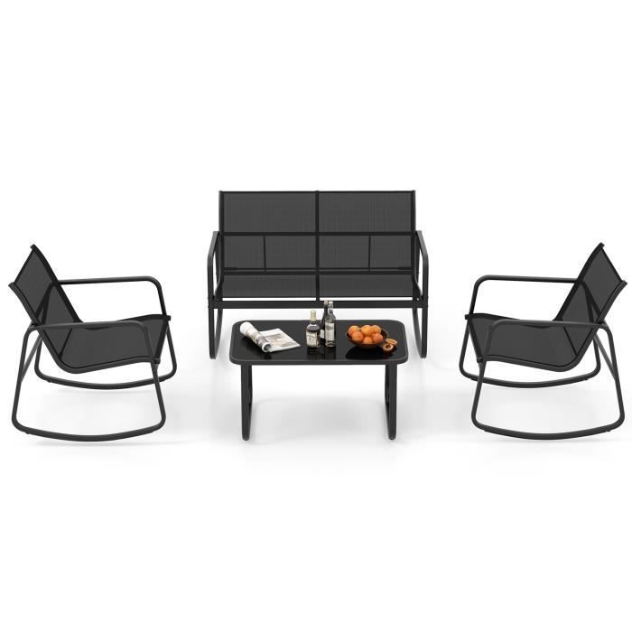 COSTWAY 4 Pcs Salon de Jardin en Métal+Textilène -Ensemble Chaises à Bascule et Table en Verre Trempé -4 Personnes -Piscine Balcon