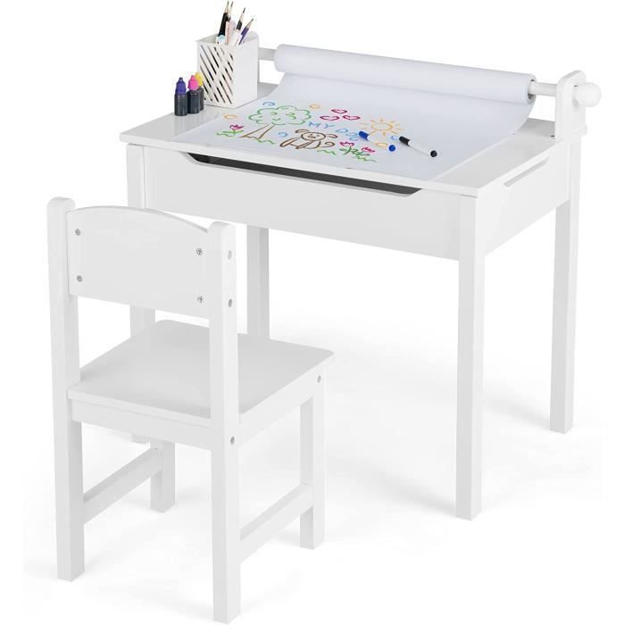 GOPLUS Table et Chaise pour Enfantsavec Rouleau du Papier pour Enfantsavec Espace de Rangement-Pieds en Bois de PinBlanc