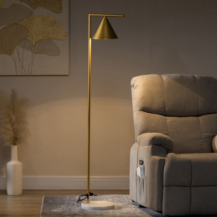 Lampadaire sur pied - HOMCOM - 40 W lampe acier doré abat-jour conique orientable base marbre - acier - 153 cm - doré blanc