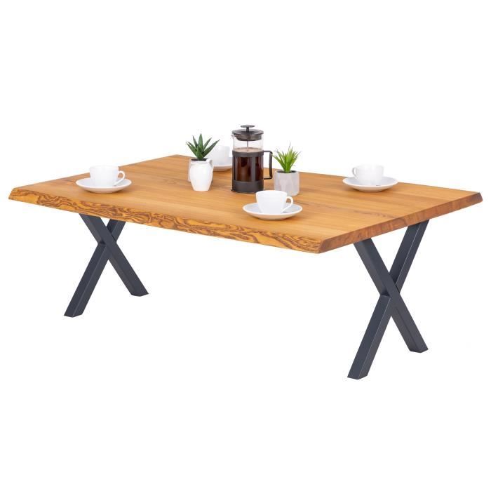 table basse en bois massif - lamo manufaktur - modèle design - bord naturel biseauté - pieds métal gris