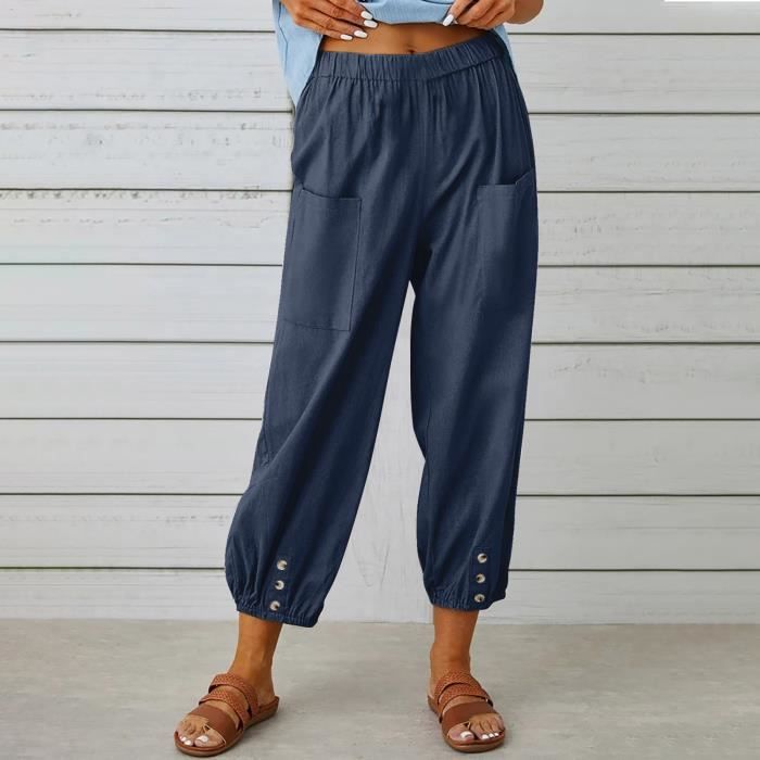 Pantalon Capri Décontracté D'Été Avec Poches En Lin