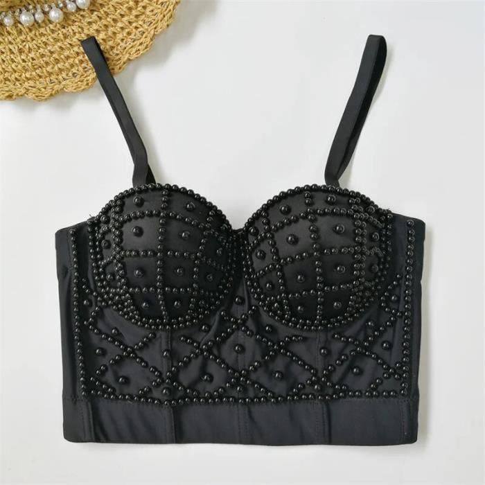 Corset Bustier Pour Femme - Court, Sans Manches, Bretelles Réglables - Avec 10 Tiges Flexibles - Pour Soirée, Club, Cosplay - Tissu Extensible Confortable
