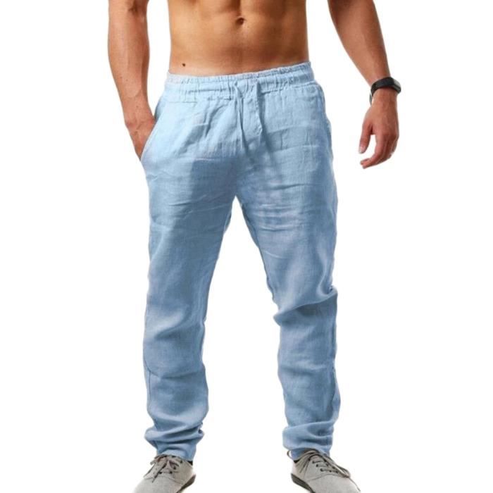 Pantalon en Lin Pour Homme Coupe Large Décontracté Léger Long Pantalons de Yoga,Bleu Ciel