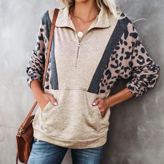 Sweat-shirt Femme Polaire Zippé Imprimé Léopard - Manches Longues, Poche, Streetwear, élégant, Pour Automne/hiver, Sport Ou Quotidien