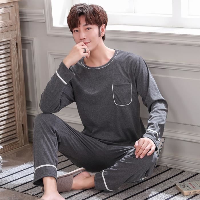 Pyjama Homme long,Pyjama 100% coton à manches longues pour homme