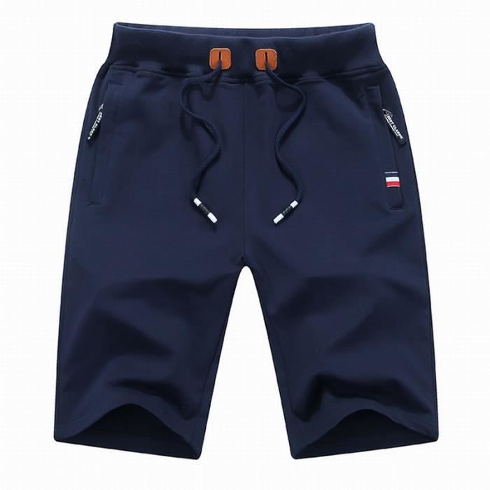 Short Sport Homme Running Coton avec Poches Zippees ete Casual Beach Shorts Poche et Cordon Ajustable bleu marine