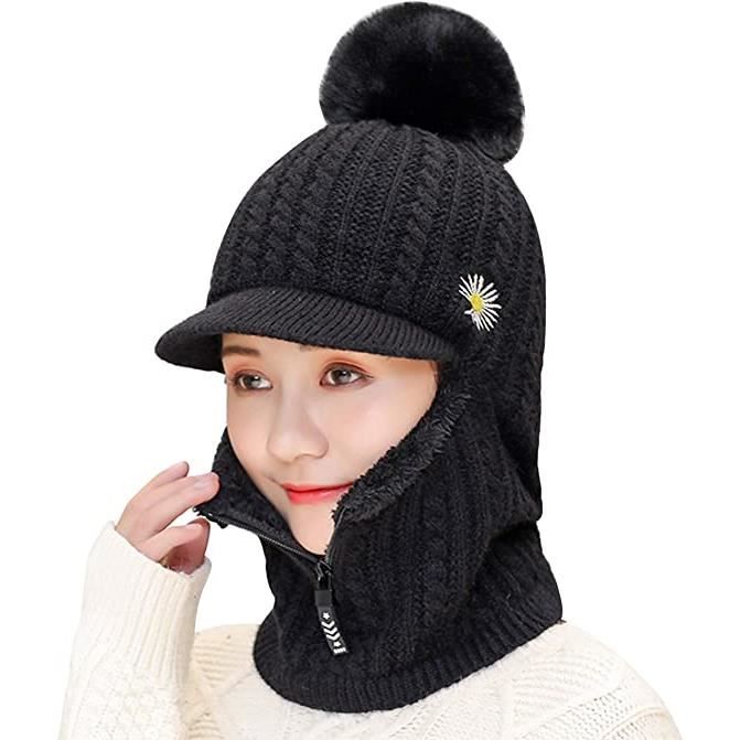 Ensemble Bonnet Écharpe Gants 3 En 1 Femme - Bonnet à Pompon Hiver Chaud Avec Écharpe Longue Et Gants Tactiles