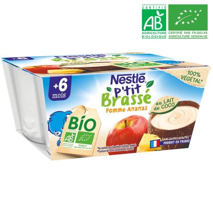 NESTLE P'tit Brassé Dessert bébé BIO dés 6 mois Végétal lait de coco, pomme  et ananas - 4 pots x 90 g - Achat / Vente compote dessert fruité NESTLE  P'tit Brassé