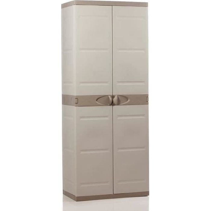 Armoire haute de rangement en résine - PLASTIKEN - TITANIUM - 4 étagères - Beige et Taupe