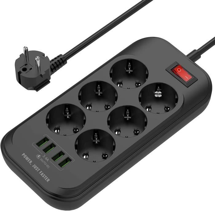 Multiprise Electrique USB - AUDBURN - 6 Prises - 4 Ports USB - Protection Contre Les Surtensions