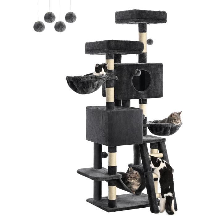 Arbre à Chat Feandrea 135 Cm – 4 Niveaux – Gris Clair – Niche Et Griffoirs