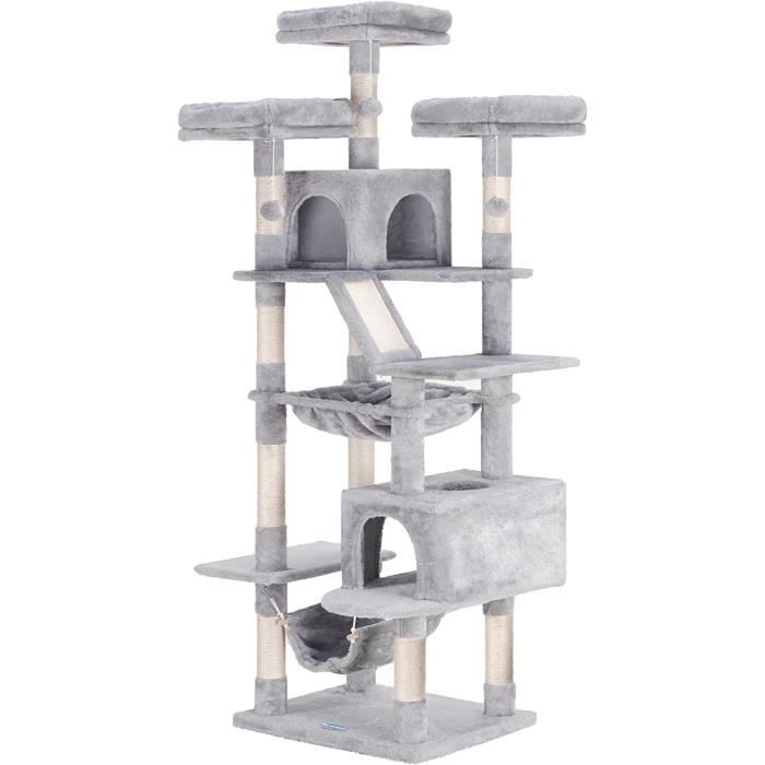 Arbre à Chat Pour Grands Chats & Maine Coon - Avec 2 Plateformes, 2 Hamacs, Niche Et Brosse De Toilettage - Gris Fumée