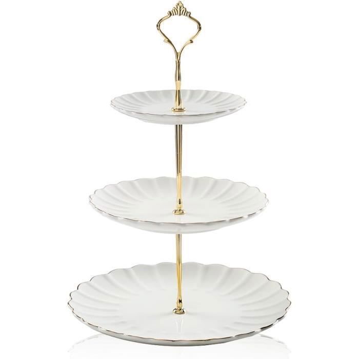 Présentoir à Gâteaux 3 Niveaux en Céramique Blanche – Bord Doré Élégant