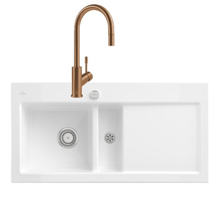 Evier VILLEROY ET BOCH Subway Pure 60 1 bac et demi égouttoir à droite vidage auto + Robinet Umbrella Flex Or - vue 2