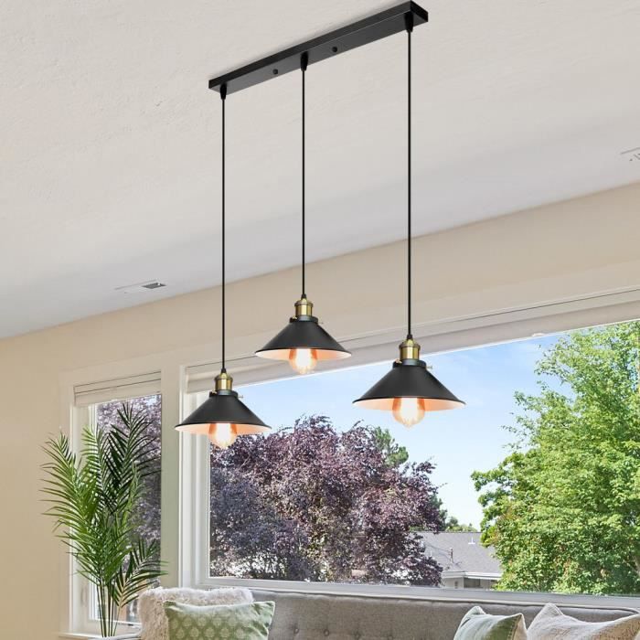 UNI Rétro Lustre Suspension Industrielle E27 3 Tête Noir et Blanc Plafonnier Luminaire Ajustable Salle à Manger Couloir