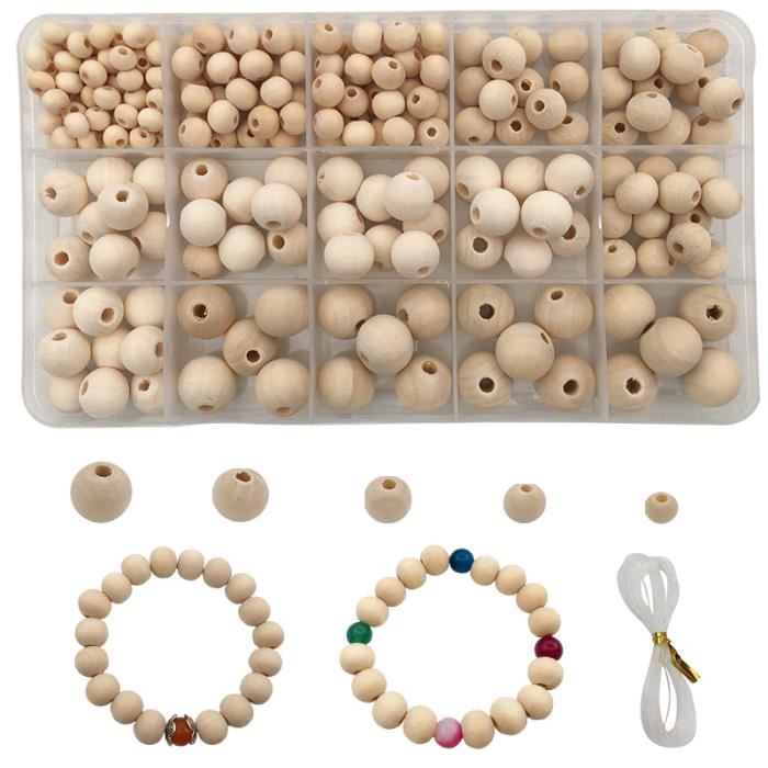 220 Pièces 6 à 14mm Perles en Bois Rondes Naturelle Taille Mixtes Perles pour Décorations Fabrication Accessoire DIY