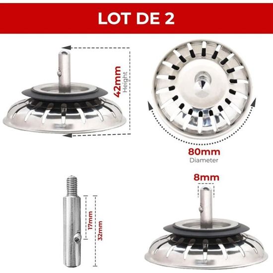 Kit Filtre évier Cuisine Inox - 2 Crépines + 1 Ventouse Silicone - Ø80mm Universel