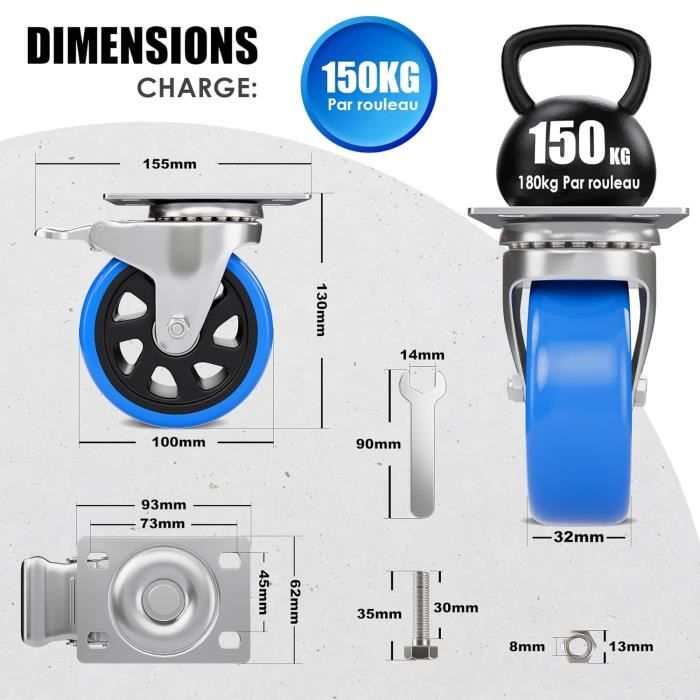 Lot De 4 Roulettes Pivotantes 38mm Pour Meubles - Rotation 360° - Plaque Acier - Bronze