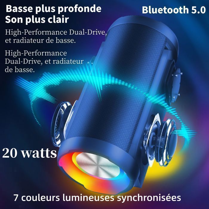 Enceinte Bluetooth Portable 5.4 - Son 360°, Autonomie 30h, étanche IPX7, Lumière RGB, Parfaite Pour Extérieur Et Fêtes - 6