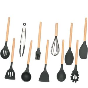 Set De 10 Ustensiles De Cuisine En Silicone Et Acier Inoxydable - Noir - Parfait Pour Poêles Antiadhésives