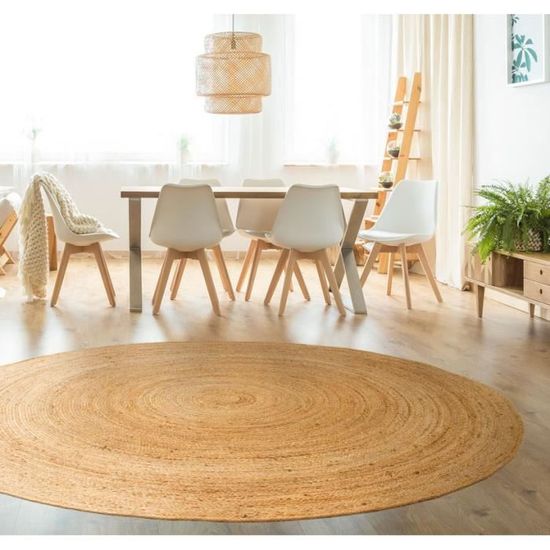 HAMID - Jute Vloerkleed Rond, Tapijt Alhambra Natuurlijke Kleur En Witte Streep 100 Jute Handgemaakt Jute Vloerkleed Voor Woonkamer Eetkamers Zalen Slaapkamers 150x150cm