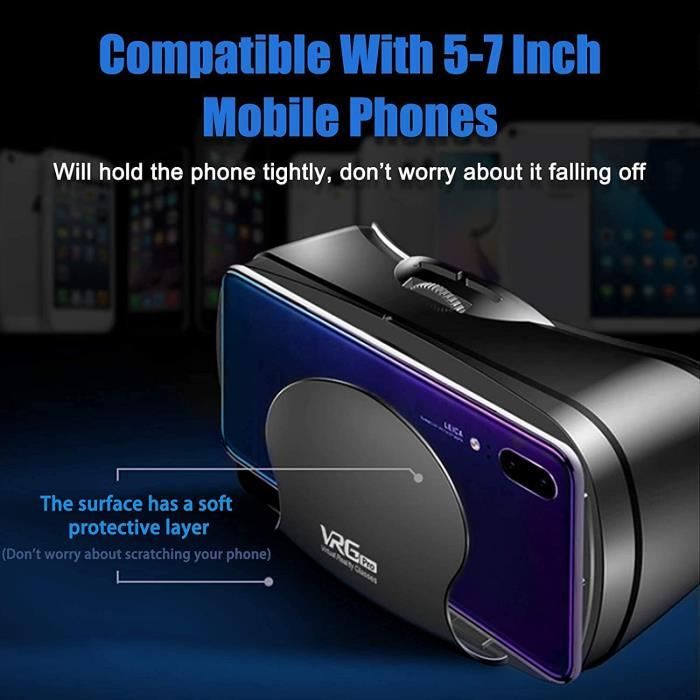 Casque VR 3D Pour Smartphone - Écran 2K HD, Lentilles Anti-lumière Bleue, Compatible Android/iOS 4.7-7 Pouces