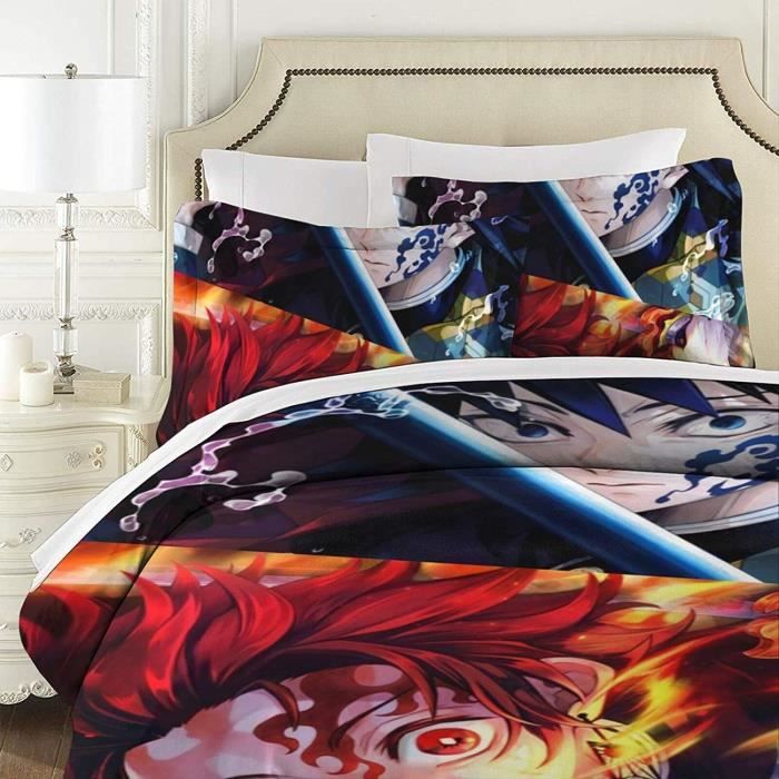 Parure De Lit 3D Demon Slayer Microfibre - Housse De Couette Et Taies D'Oreiller Double 200x200cm