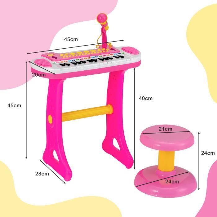 COSTWAY Piano pour Enfants de 3+ Ans avec 31 Touches,Tabouret,Microphone,  Effets Lumineux, 8 Tonalités,7 Rythmes, 45x23x45cm, Rose - Cdiscount  Instruments de musique