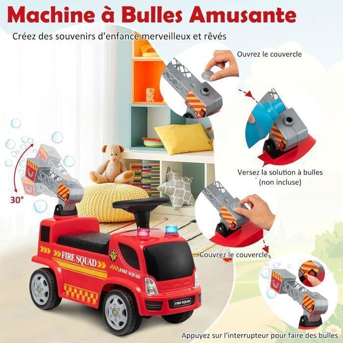 GOPLUS Porteur Scooter Électrique Enfant – Camion Pompier à Bulles, Sons Et Lumières, Siège Large, Charge 20 Kg – Pour 18-36 Mois – Cadeau Noël