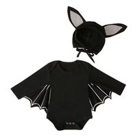 0-24 Mois Bébé Mixte Body Chauve-souris Noir avec Bonnet Barboteuse Combinaison Courte Manches Longues Costume Toussaint Halloween