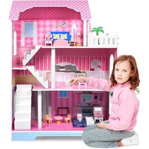 Maison de poupée en bois XXXL - 4 niveaux de jeu - Incl.  Meubles/Accessoires pour Poupées de 30 cm