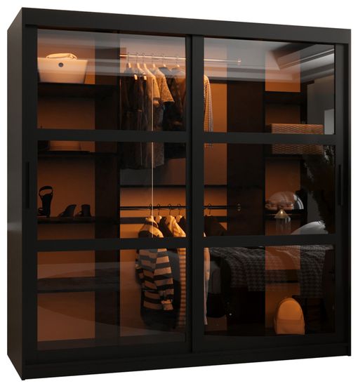 Armoire Marbella 2 Avec Miroir - Dimensions 200x202x52 Cm, Corps Noir, Poignées Cachemire, Rangement Moderne Pour Salon - 2