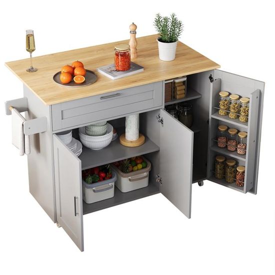 Table De Cuisine Mobile 132cm, Tiroir, Étagère à Épices, Porte