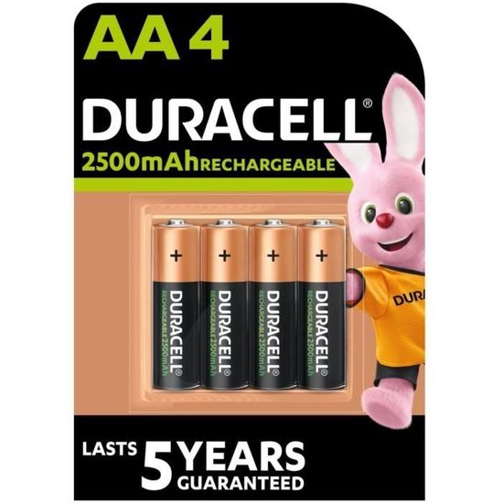 Duracell Piles Rechargeables AA 2500 mAh, lot de 4 piles