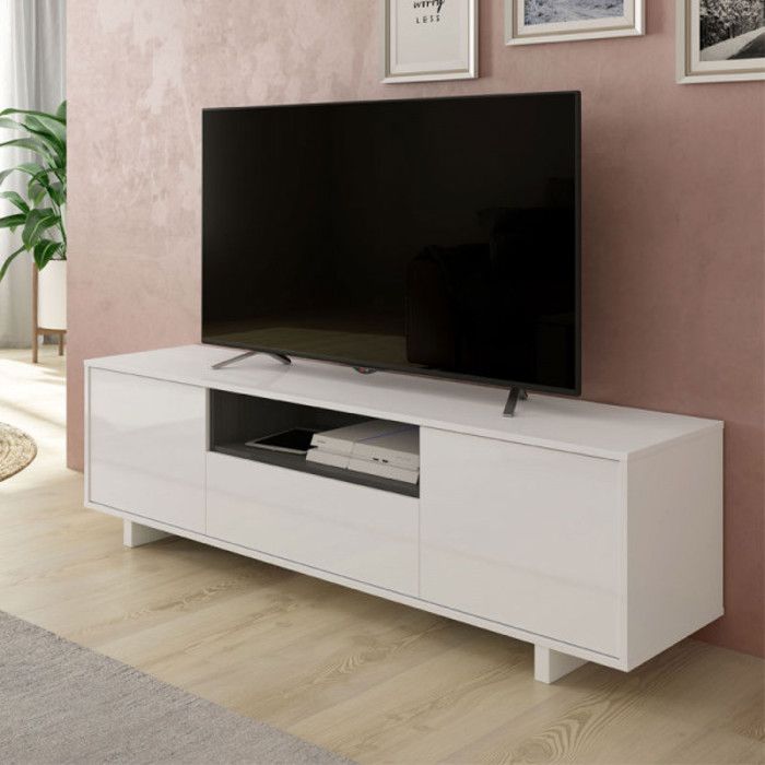 meuble tv 3 portes blanc/gris - ziara - blanc - bois - l 150 x l 41 x h 46 cm - meuble tv