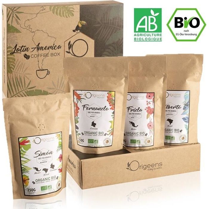 ☘️ CAFE GRAIN 1kg BIO | Café en Grain Arabica | Coffret café dégustation, Torréfaction Artisanale, 4x250g | Idée Cadeau