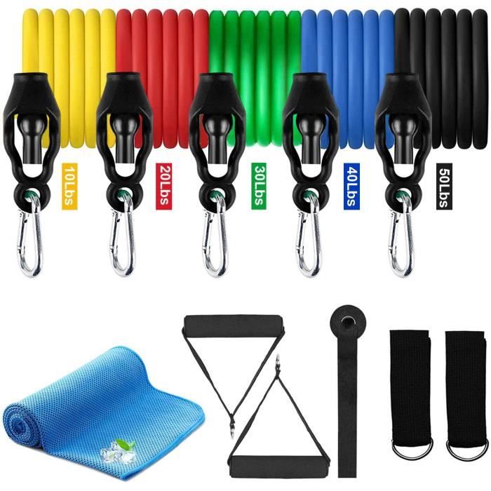 Bandes de Résistance Set 12Pcs Elastique Musculation Tubes Latex 150Lbs avec Poignées, Serviette, Ancre de Porte, Sangles de Chevill