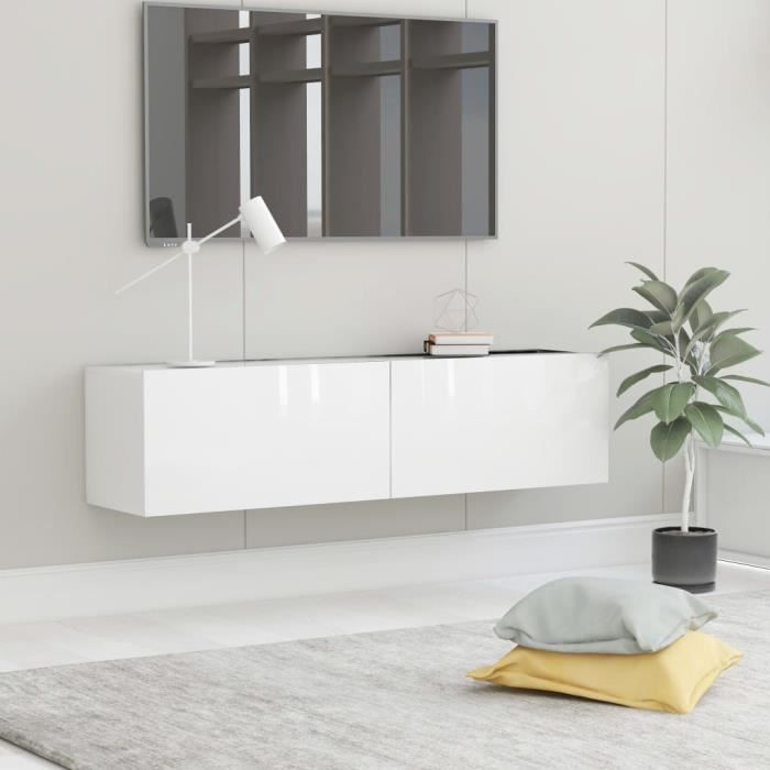 Meuble TV Mural Design Tendance Contemporain - Avec 2 Portes Abattantes - Blanc brillant Aggloméré - 120x30x30 cm