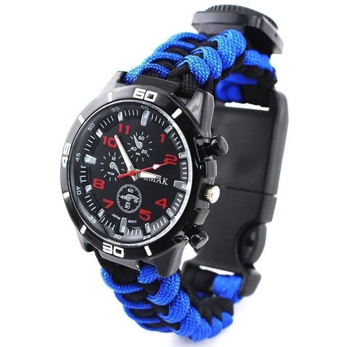 7-in-1 Kits de survie camping en plein air Parachute corde Bracelet montre avec thermomètre boussole - Bleu noir