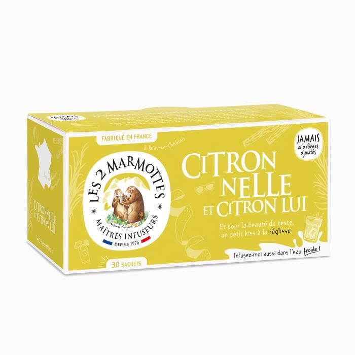Les 2 Marmottes - Infusion Citronnelle et Citron Lui 30 sachets - Citronnelle et écorce de citron - fruitée et gourmande