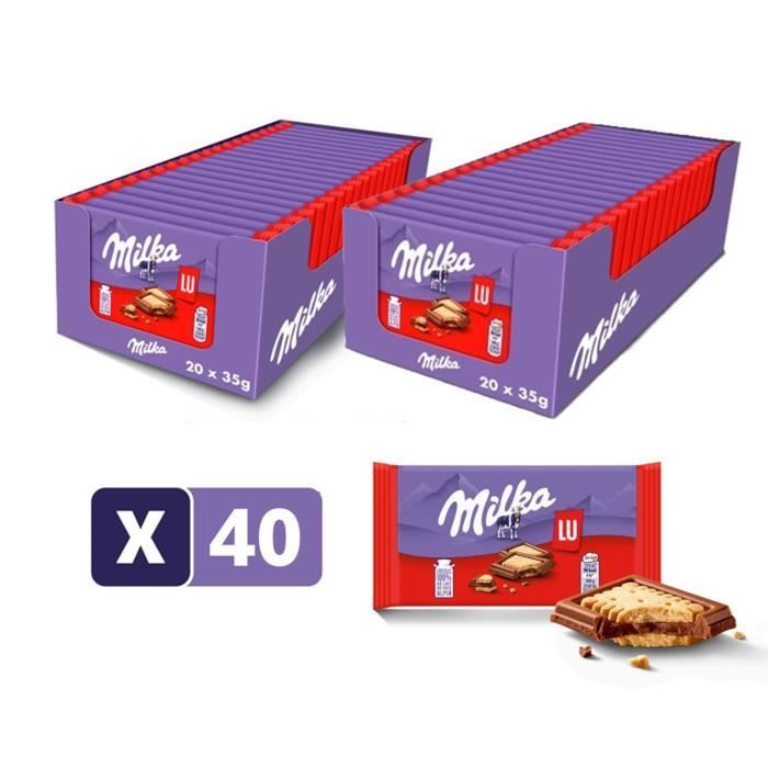Milka LU Pocket -Tablettes de Chocolat au Lait au Biscuit LU - Format Poche Facile à Emporter - 2 Présentoirs de 20 Tablettes (35g)