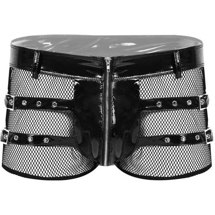 Boxer Homme Sexy Résille Sous-vêtement Cuir Lingerie Wetlook Jockstrap Ouvert Zipper M-XXL Noir