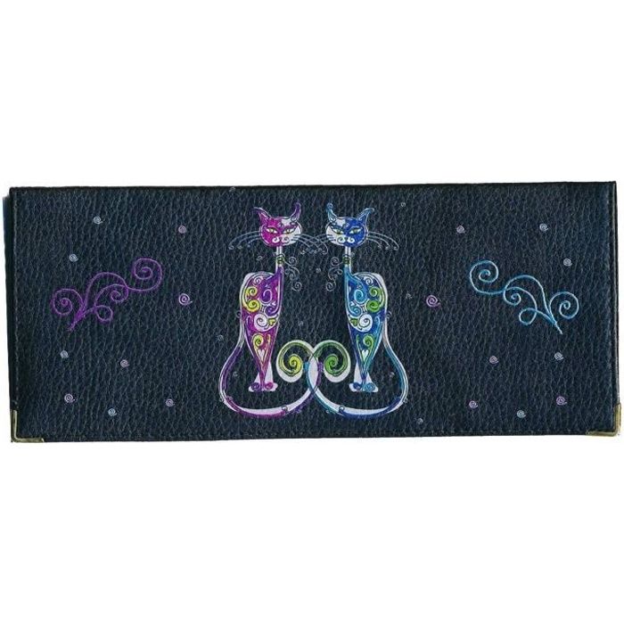 Porte chéquier long portefeuille porte carte, en cuir noir motif Couple de chat