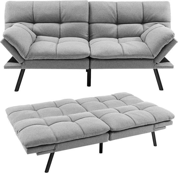 GOPLUS Canapé Lit en Mousse à Mémoire Charge 273KG-Canapé-lit Futon-Dossier et Accoudoirs Réglables-6 Pieds en MétalGris