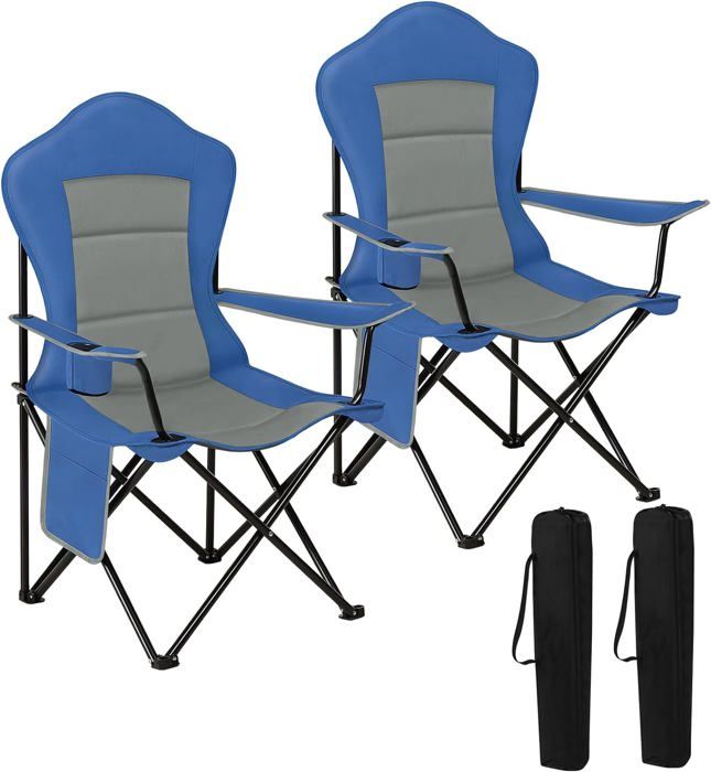 woltu 2x chaise de camping pliable et portable, chaise de pêche, chaise plage légère avec accoudoirs et porte-gobelets, bleu+gris