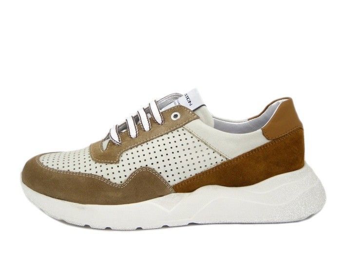 EXTON Basket pour Homme - EXTON - Cuir et Daim - Lacets - Blanc/Marron