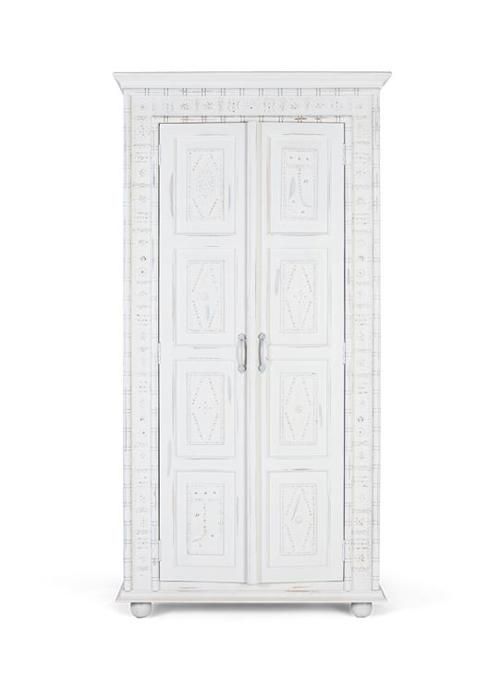 Armoire - Bois de Manguier - 2 Portes - Finition Blanche Vieillie - Détails Métalliques Dorés