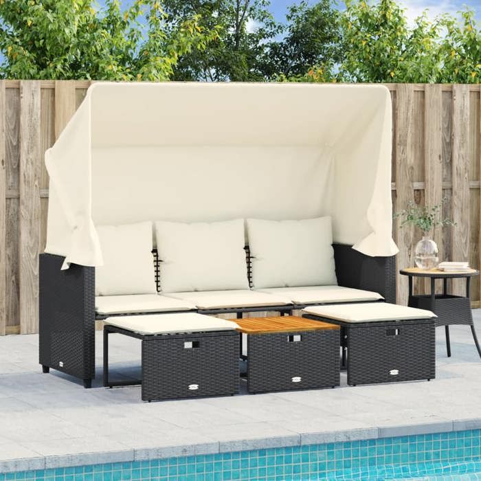 SALE 2025Sofa canapé de patio/Canapé de jardin 3 places avec auvent et tabourets noir rotin - 176x65x149 cm 30 Kg 2621