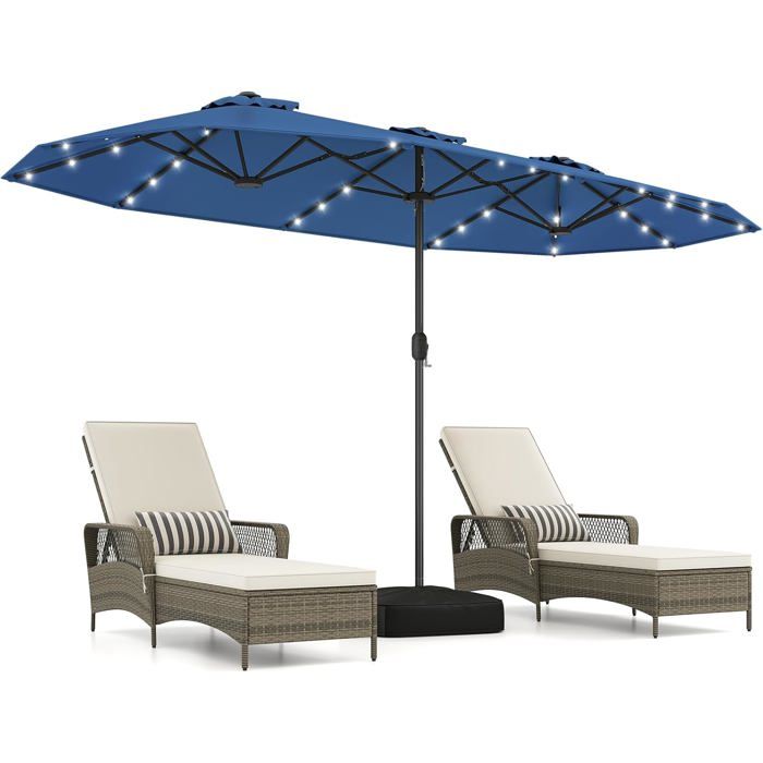 Parasol Double de Jardin XXL 400 x 200 x 240 cm- COSTWAY- 36 Lumières LED - Base Inclus - 12 Baleines -Rectangulaire Bleu